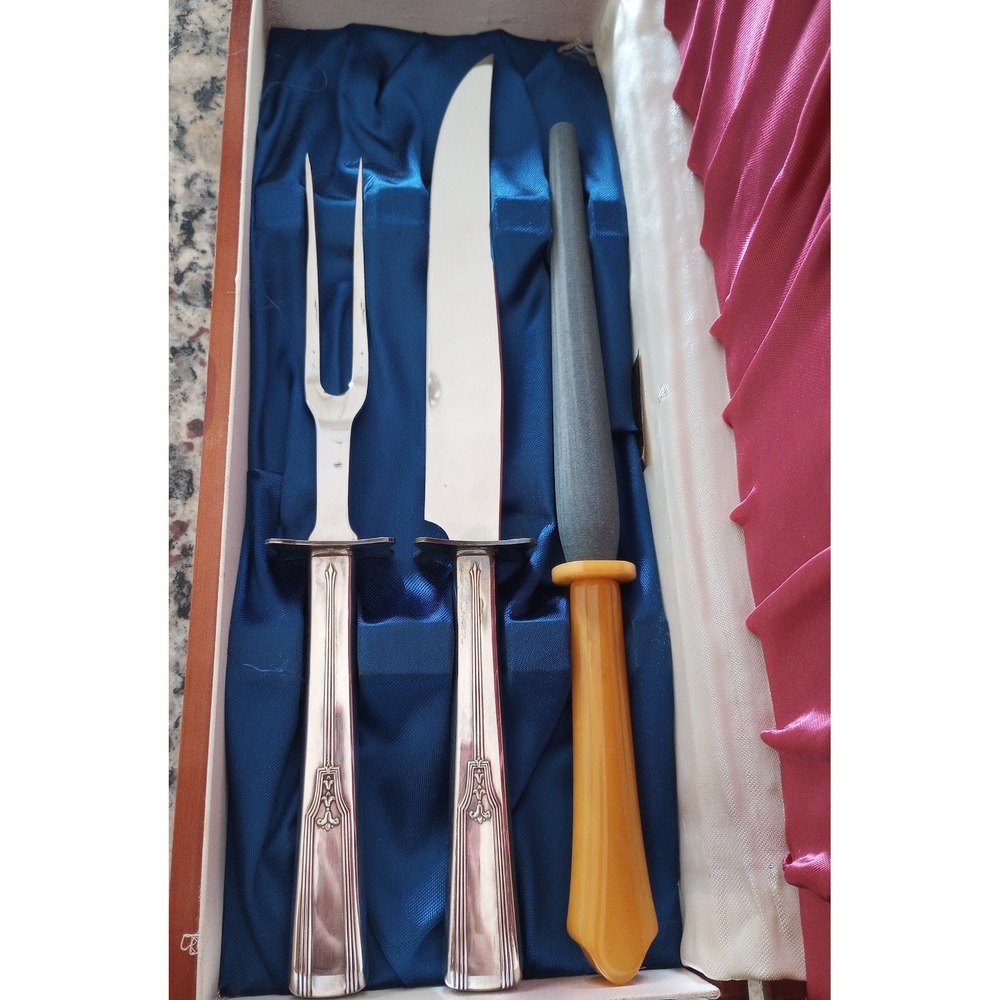 VTG William Rogers Mfg. Co. 3-Piece Carving Knife Set W/Sharpening Wand EUC